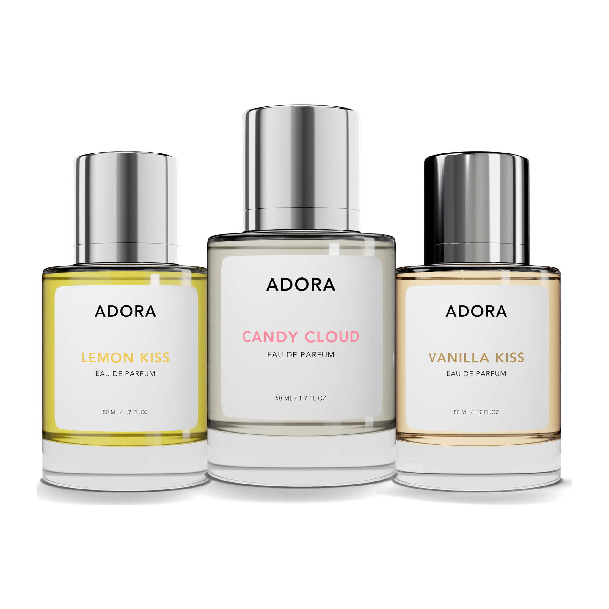 Tre ADORA parfymflaskor på 50 ml